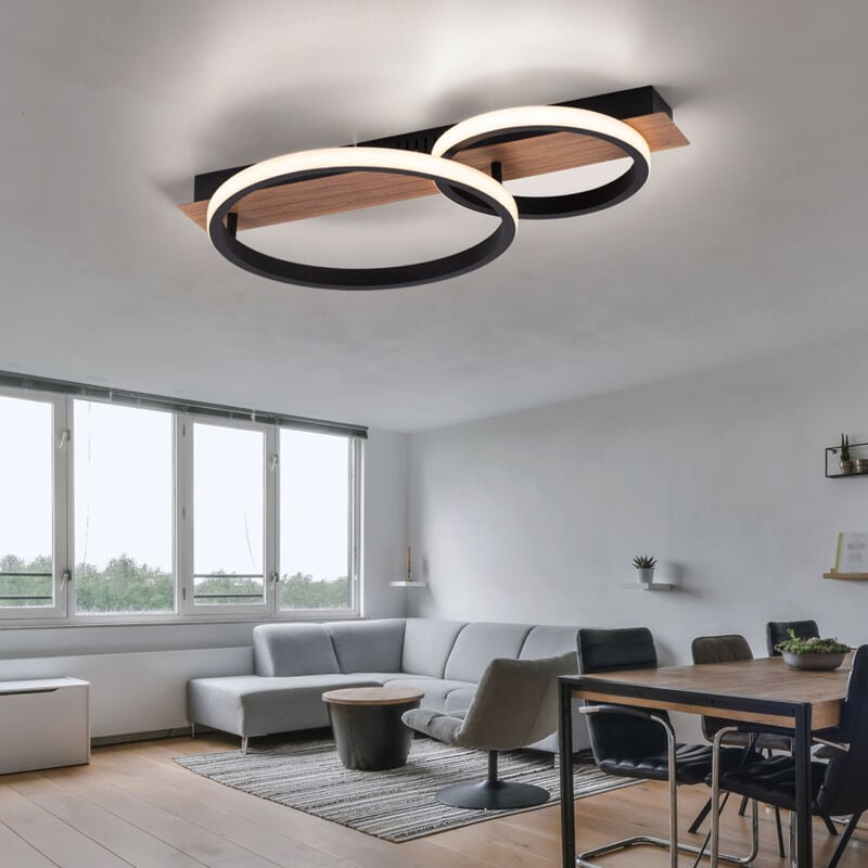 Plafonnier en bois métal noir led lumière en bois, design en anneau, aspect bois moderne, 1x led 28W 1200Lm 3000K, LxlxH 53x30x8 cm