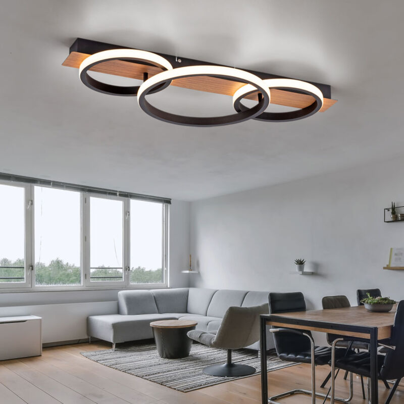 Plafonnier en bois plafonnier métal noir led lampe en bois, 3 flammes, look bois moderne, 1x led 37W 3200Lm 3000K, LxlxH 68x30x8cm