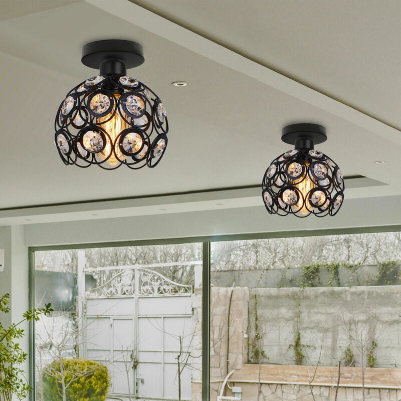 Plafonnier en Cristal Fer Cage E27 26cm Noir 2PCS