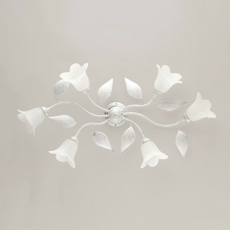 Bonetti Illumina - Plafonnier en fer blanc argenté à six lumières avec verre en albâtre blanc 95x52x h20 cm