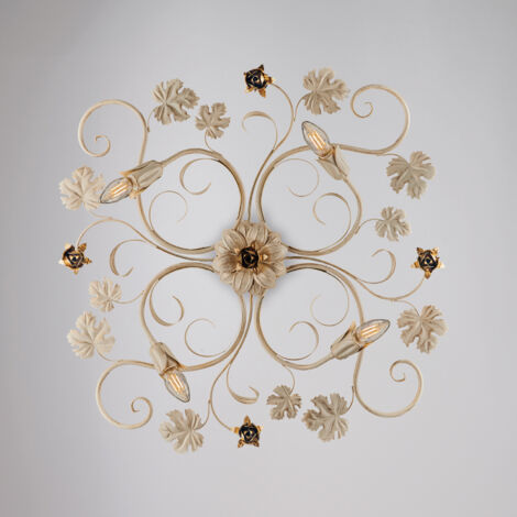 Plafonnier en fer ivoire décapé or rose quatre lumières 76x67x h17 cm
