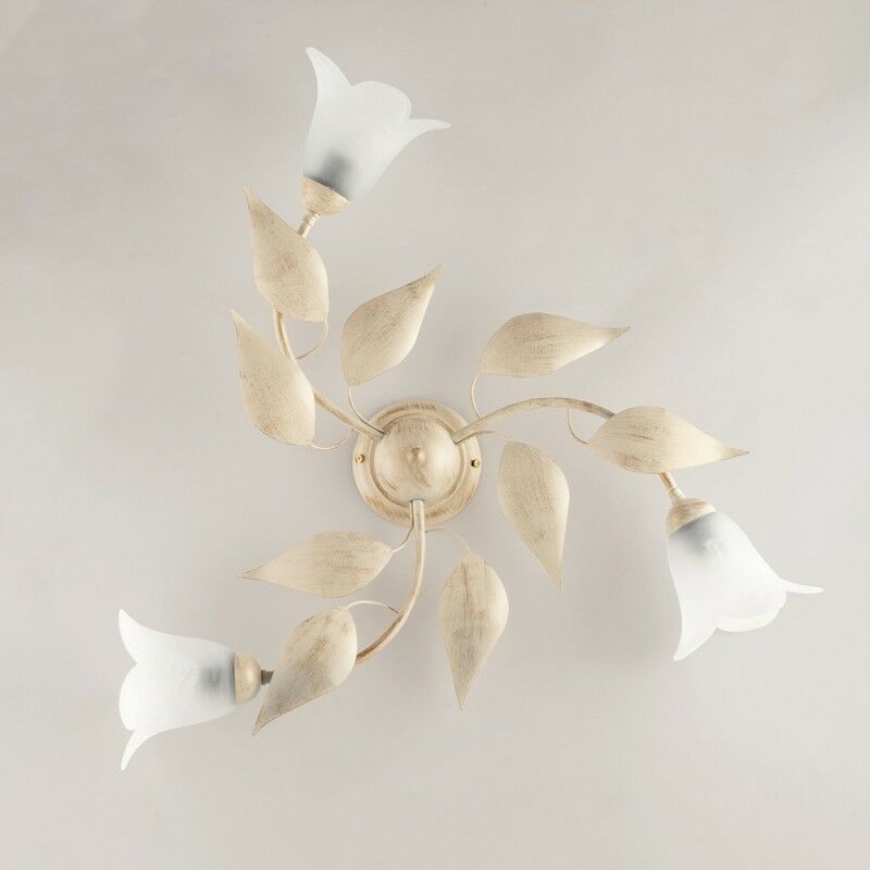 Bonetti Illumina - Plafonnier en fer Ivoire Or trois lumières Albâtre Verres blancs 67x h20 cm