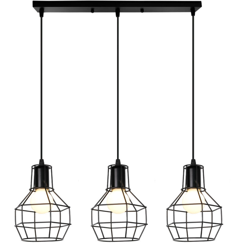 3 Lampes Suspension Luminaire Industrielle E27 Lustre Plafonnier Métal Lampe de Plafond Vintage pour Salon Cuisine Chambre Noir