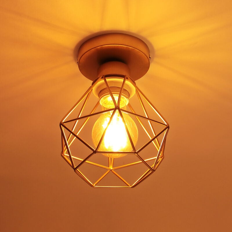 Plafonnier en Métal Cage Diamant E27 Rétro Industrielle Lustre Suspension pour Couloir Escalier Chambre Doré
