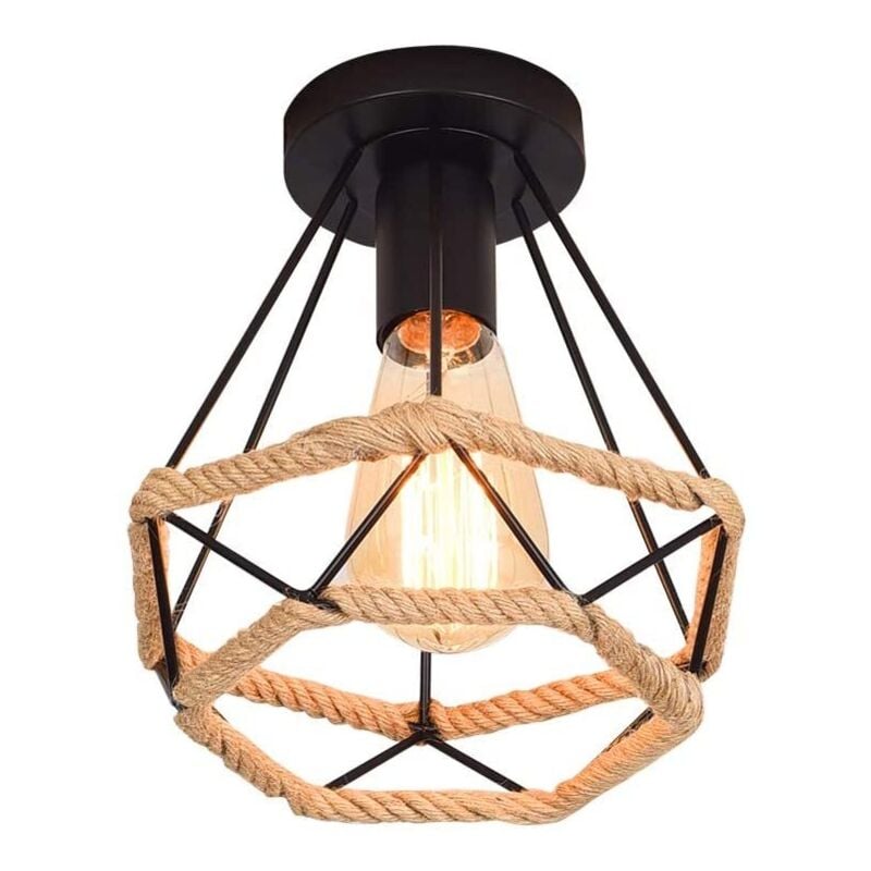 Plafonnier en Métal et Corde de Chanvre Cage Diamant E27 Rétro Industrielle Lustre Suspension pour Couloir Escalier Chambre Noir