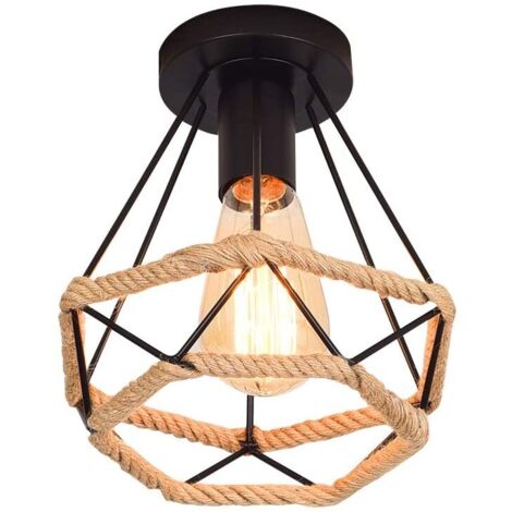 Plafonnier en Métal et Corde de Chanvre Cage Diamant E27 Rétro Industrielle Lustre Suspension pour Couloir Escalier Chambre Noir