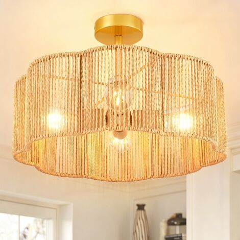 Plafonnier en rotin, lustre bohème, suspension avec ampoule, lustre de plafond de style Wabi-sabi, 3 températures de couleur (3000K-6000K)