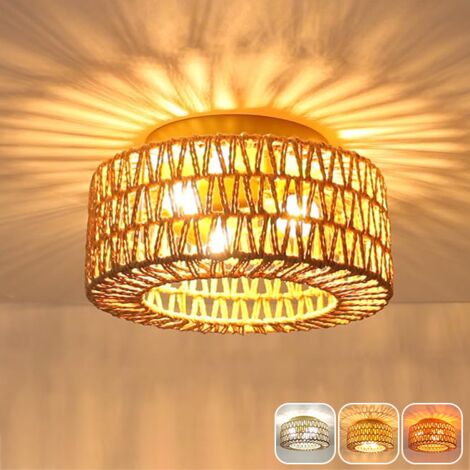 Plafonnier en rotin, lustre bohème, suspension avec ampoule, lustre de plafond de style Wabi-sabi, 3 températures de couleur (3000K-6000K)