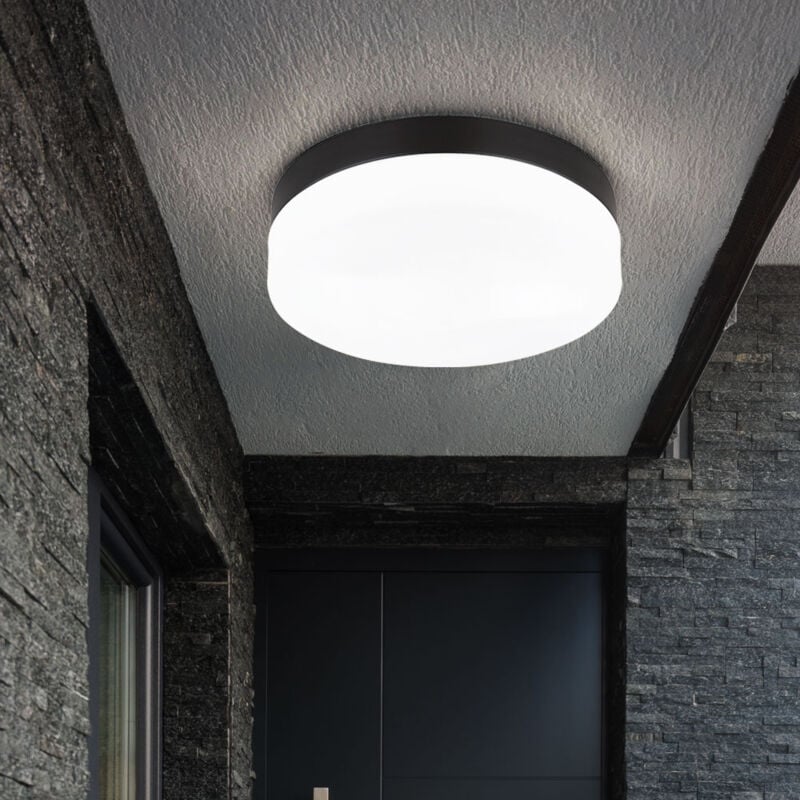 Plafonnier led verre blanc Lampe d'extérieur Balcon noir Plafonnier d'extérieur, 9W 810lm blanc chaud, DxH 18,4x6,5 cm