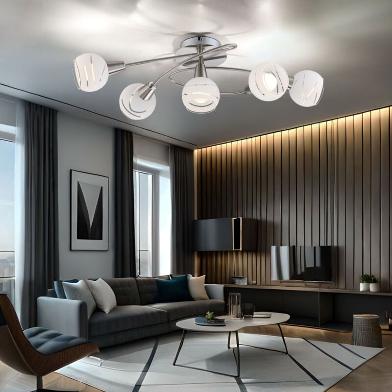 Plafonnier en verre blanc spot 5 ampoules plafonnier de salon, nickel mat, douilles E14, LxlxH 62,4x37,1x21,1 cm