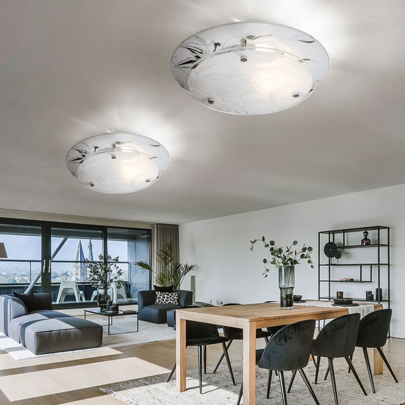 Plafonnier en verre plafonnier rond E27 lampe de cuisine lampe de salon moderne chrome, décor floral blanc, DxH 25x9,5 cm, lot de 2