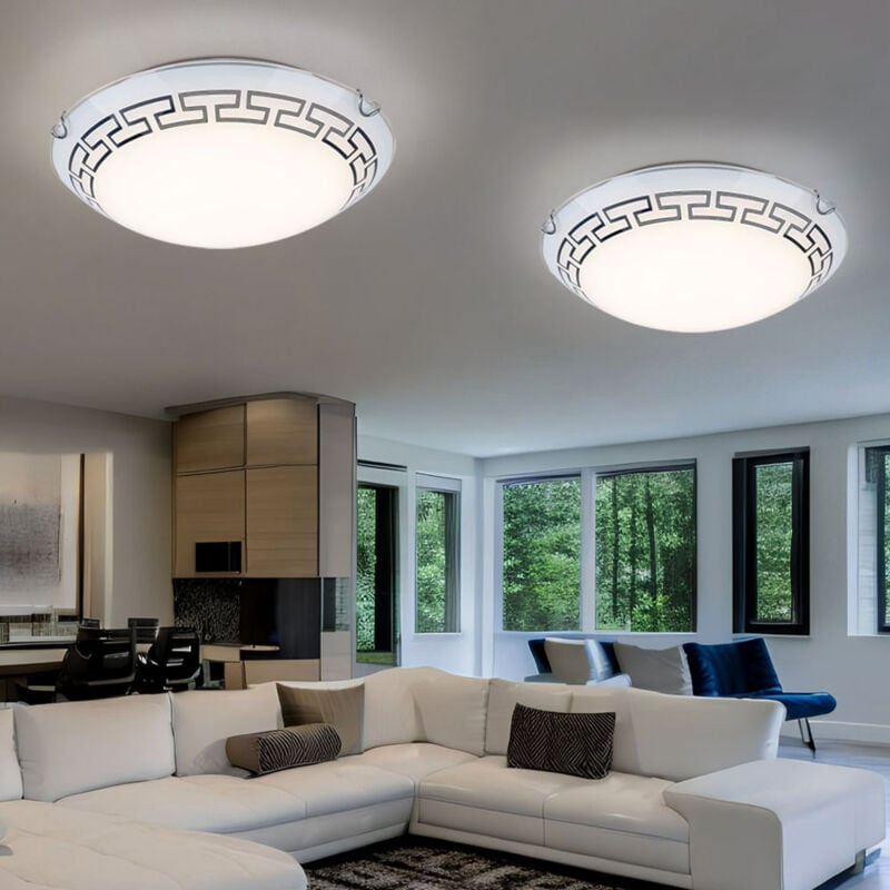 Plafonnier en verre satiné plafonnier à motifs luminaire de couloir rond, métal, 1x led 12W 967Lm blanc chaud, DxH 30x9 cm, lot de 2