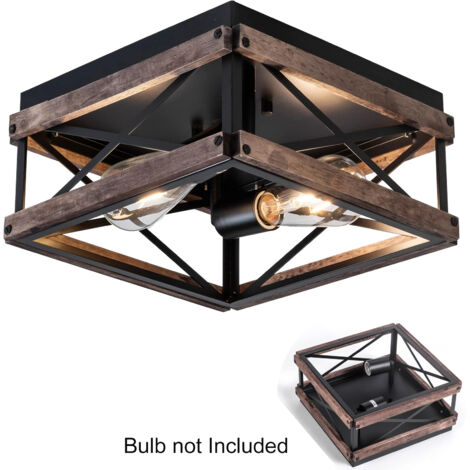 Plafonnier encastré pour cuisine et couloir, 2 lampes à intensité variable, design en métal noir et bois, style rustique (ampoule non incluse)