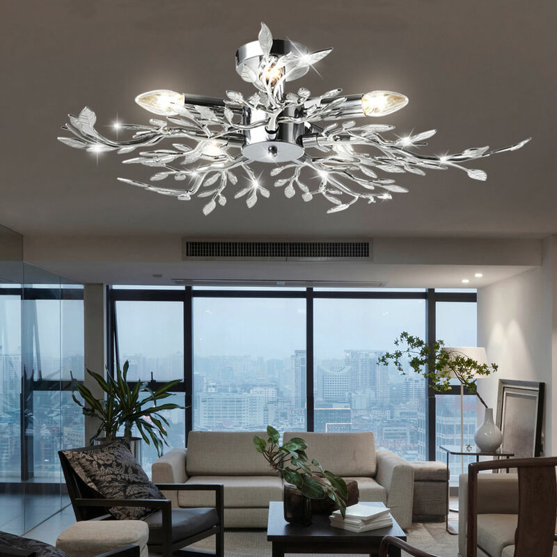 Plafonnier feuille lampe plafonnier rond salon plafonnier chrome, métal feuilles acryliques, douille 5x E14, DxH 71x16 cm