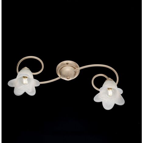 Plafonnier Fleurs en fer Ivoire Or deux lumières abat-jour 56x26x h17 cm