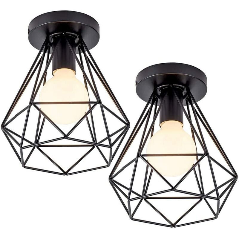 Wottes - Plafonnier Industriel en Forme Diamant Suspension de Plafond Vintage E27 pour Chambre Salon Bar Café Ø20CM Noir - 2Pcs