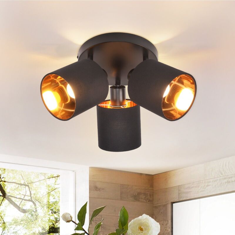 Plafonnier Gbly 3 Spots de Plafond Noir - Plafonnier Spot de Plafond Vintage E14 Pivotant 350° MAX.25W Écran en Tissu Moderne pour Salon Chambre