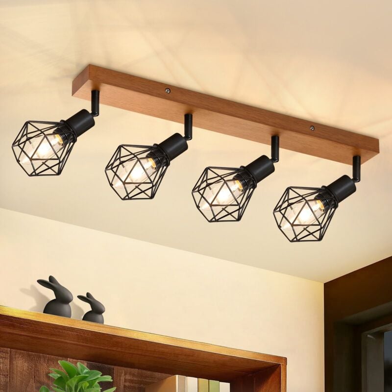 Gbly - Plafonnier 4 spots de plafond en bois et métal,50×9×19.5cm,350°orientable ,E14 MAX.25W Pour salon chambre salle à manger Bar Café Noir,sans