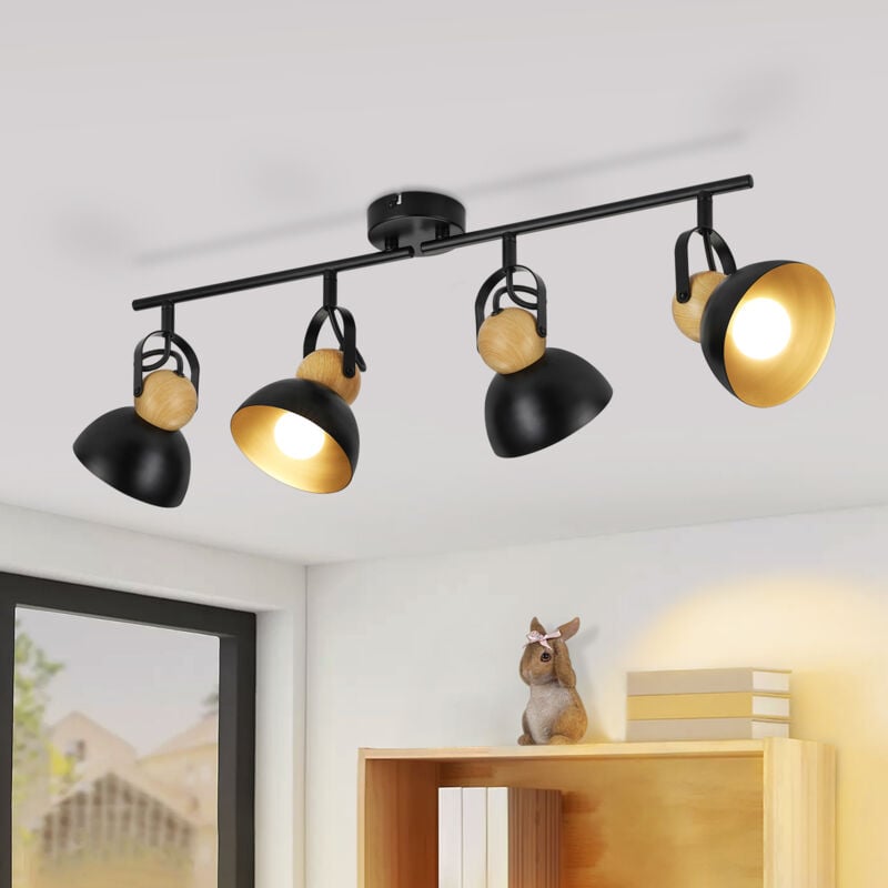 Plafonnier Gbly Vintage Noir : 4 Ampoules Spot Rétro E27 Lampe de Couloir Orientable à 350° Spots de Plafond en Métal Plafonnier Intérieur Industriel