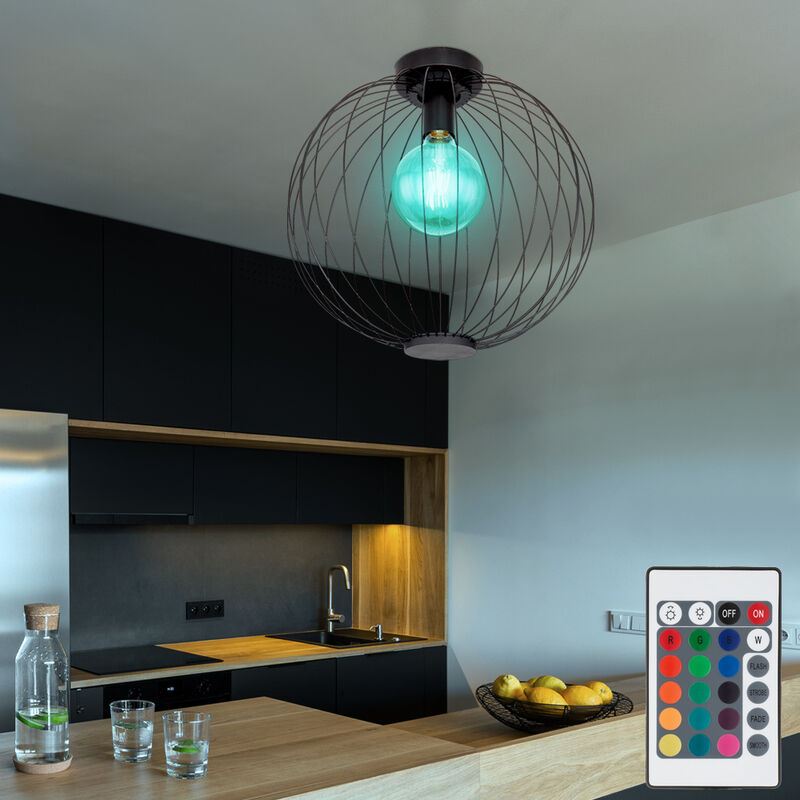 Plafonnier grille noir salon boule lumineuse boule lumineuse noir, métal, télécommande dimmable, led rgb 8,5W 806Lm blanc chaud, DxH 40x37,5 cm