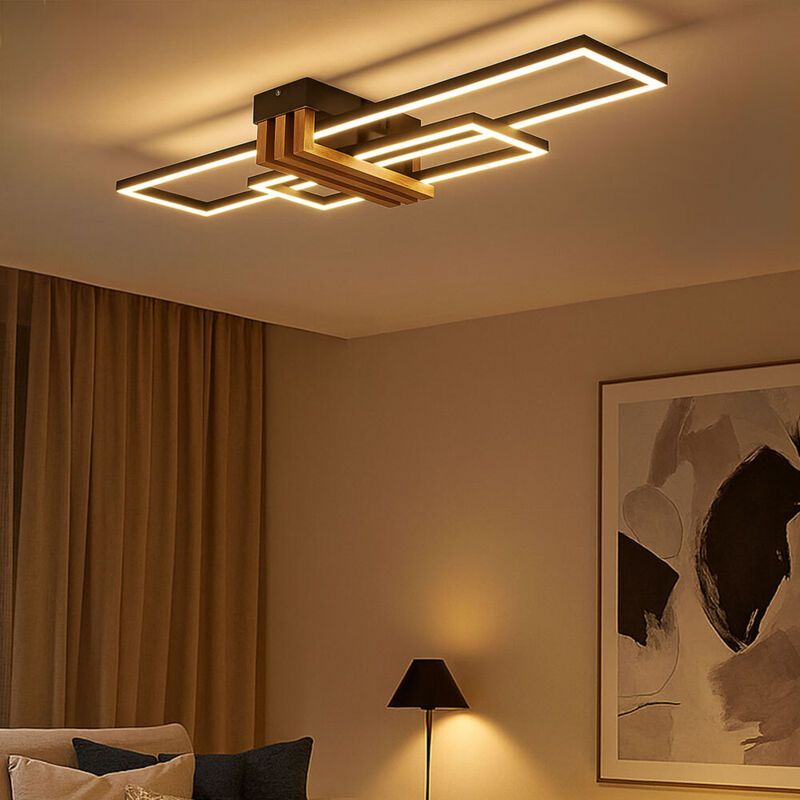 Plafonnier imitation bois Lampe de salon noire LED Plafonnier design, métal ABS, 30W 1430lm blanc chaud, LxlxH 80x23x8,6 cm
