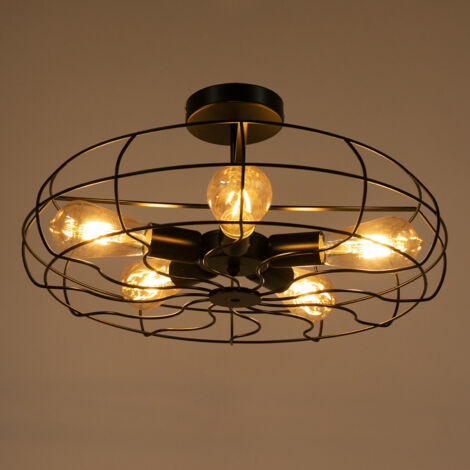 Plafonnier industriel à 5 lumières, lustre semi-encastré de style fermier de 49 cm, luminaire de plafond rustique en métal, éclairage rétro noir près du plafond pour cuisine, salle à manger, chambre à