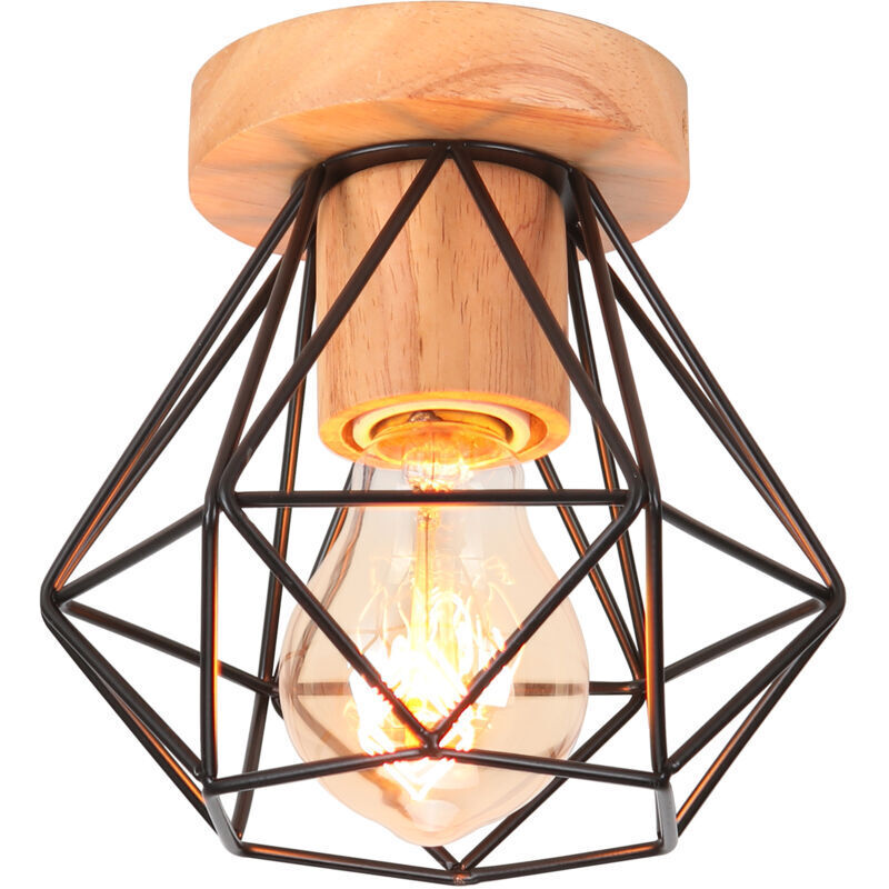 Plafonnier Industriel Bois et Métal 15CM Noir, Lampe de Plafond Vintage Cage forme Diamant E27 Luminaire pour Salon Chambre Café Bar