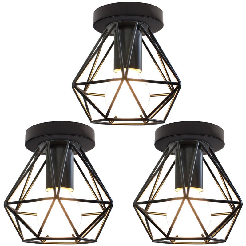 Plafonnier Industriel Cage Métal Forme Diamant Lustre Suspension Luminaire Salon Couloir Noir 3PCS