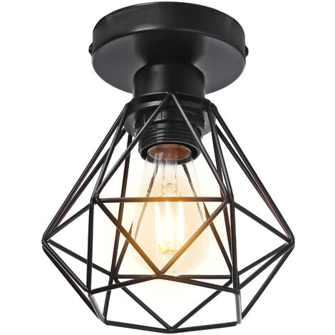 Plafonnier Industriel E27 Vintage Luminaire Suspension de Plafond Abat-jour Diamant Ø16CM pour Chambre Couloir Noir - 1Pcs