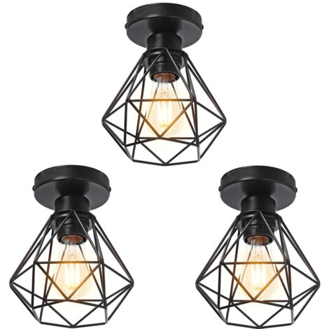 Plafonnier Industriel E27 Vintage Luminaire Suspension de Plafond Abat-jour Diamant Ø16CM pour Chambre Couloir Noir - 3Pcs