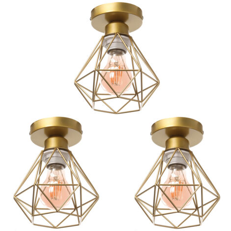 Plafonnier Industriel E27 Vintage Luminaire Suspension de Plafond Abat-jour Diamant Ø16CM pour Chambre Couloir Or - 3Pcs