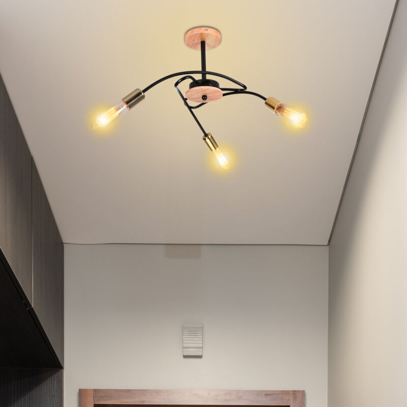 Wottes - Plafonnier industriel en bois et métal à 6 lumières Lampe de Plafond Semi-Encastrés E27
