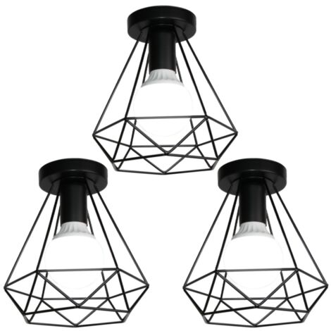 Plafonnier Industriel en Forme Diamant Suspension de Plafond Vintage E27 pour Chambre Salon Bar Café Ø20CM Noir - 3Pcs