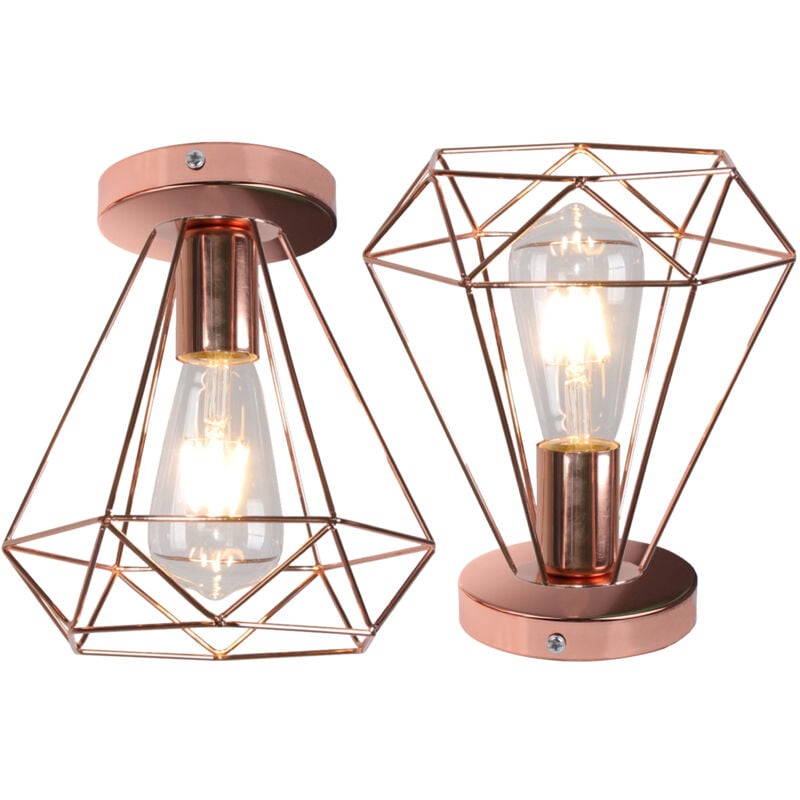 Plafonnier Industriel en Forme Diamant Suspension de Plafond Vintage E27 pour Chambre Salon Bar Café Ø20CM Rose - 2Pcs