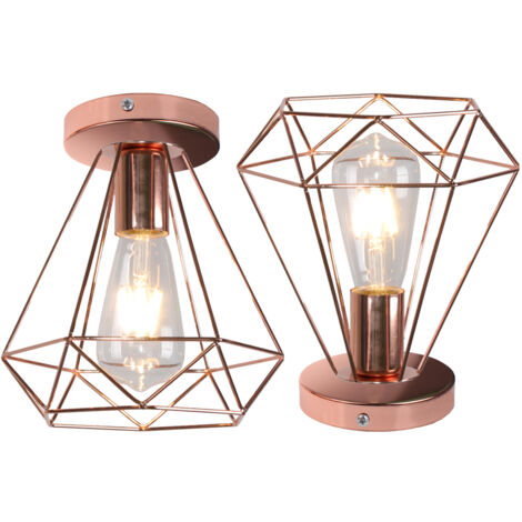 Plafonnier Industriel en Forme Diamant Suspension de Plafond Vintage E27 pour Chambre Salon Bar Café Ø20CM Rose - 2Pcs