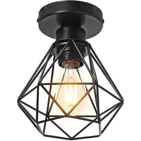 Plafonnier industriel en métal, suspension noire style vintage, forme cage diamant rétro pour salon, chambre ou salle à manger (ampoule non incluse)