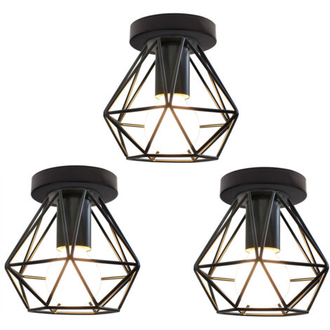 Plafonnier Industriel Lampe Suspension Luminaire Forme Diamant en Métal E27 Ø16CM Noir pour Chambre Salon Bar - 3Pcs