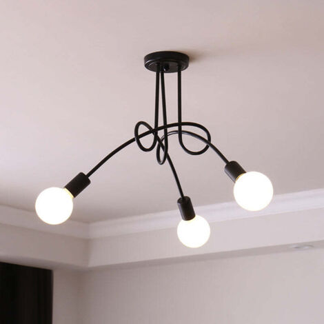 Plafonnier industriel, lustre Sputnik, plafonnier en métal à 3 ​​têtes, lustre vintage, noir (ampoule incluse)