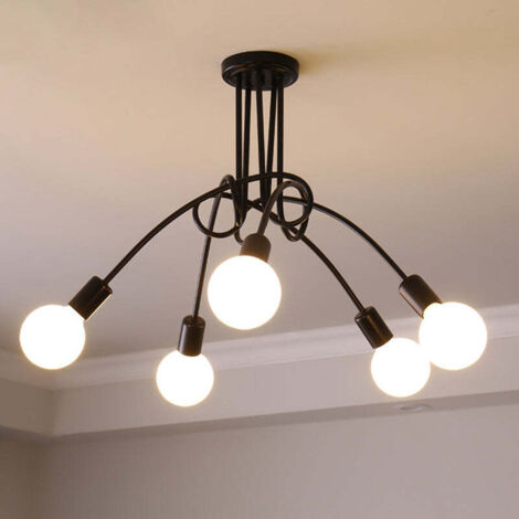 Plafonnier industriel, lustre Sputnik, plafonnier en métal à 5 ​​têtes, lustre vintage, noir (ampoule incluse)