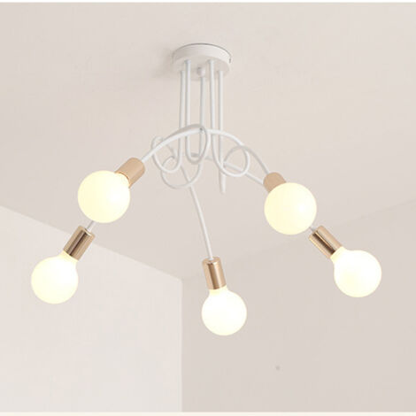 Plafonnier industriel, lustre Sputnik, plafonnier en métal à 5 ​​têtes, lustre vintage, or blanc (ampoule non incluse)