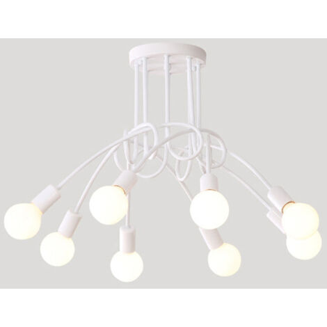 Plafonnier industriel, lustre Sputnik, plafonnier en métal à 8 têtes, lustre vintage, blanc (ampoule non incluse)