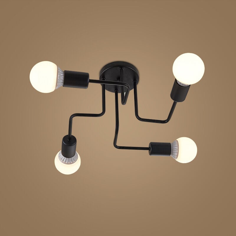 Wottes - Plafonnier Industriel Moderne Luminaire Plafonnier Intérieur Lampe de Plafond Noir E27 pour Salon Cuisine Chambre Café Bar - 4 Lumières