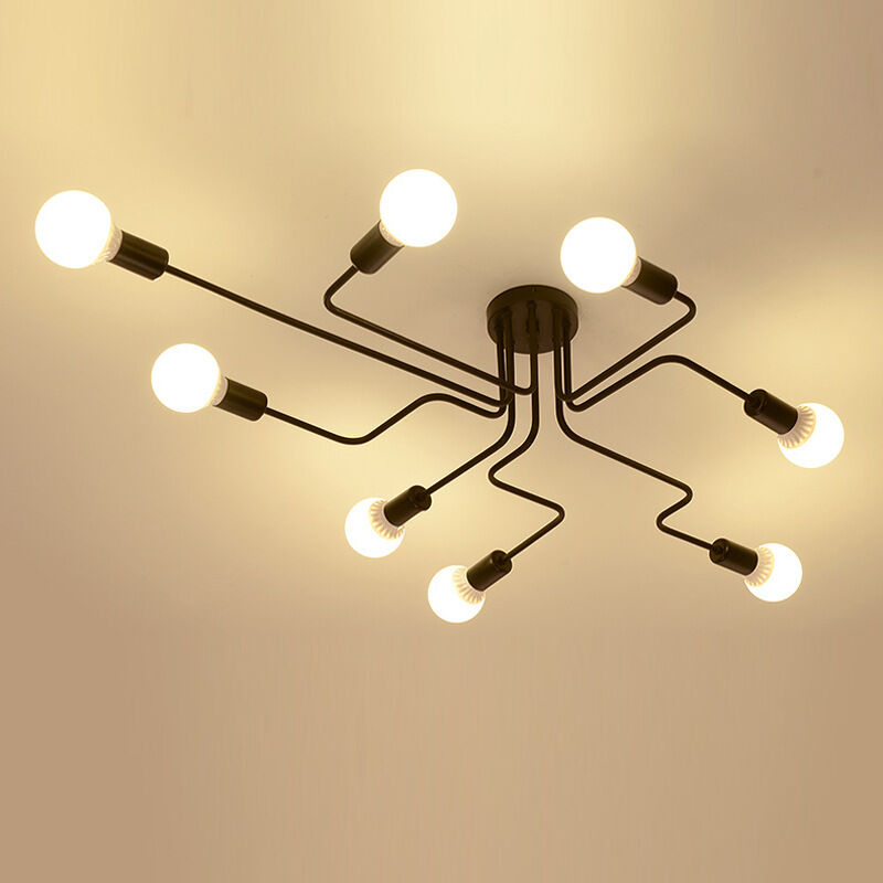 Wottes - Plafonnier Industriel Moderne Luminaire Plafonnier Intérieur Lampe de Plafond Noir E27 pour Salon Cuisine Chambre Café Bar - 8 Lumières