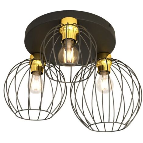 Plafonnier industriel rond 3 cages noir/or E27 Emibig