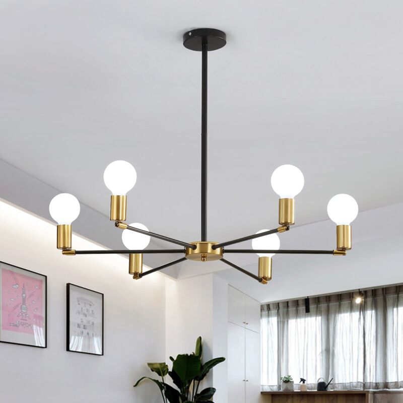 GOECO Plafonnier Industriel, Suspension Luminaire Vintage 6 têtes, Lampe de Plafond Sputnik en métal Noir et Or, Lustre pour salle à manger, salon,