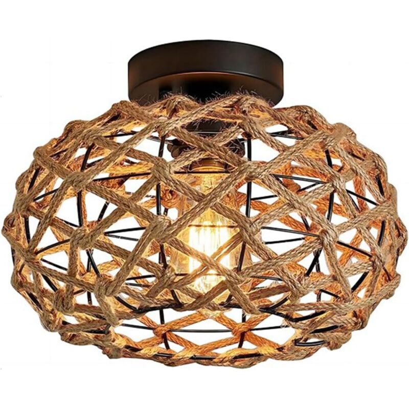 Plafonnier industriel vintage E27, lampe rétro de 25 cm de diamètre, abat-jour cage en métal et corde en chanvre, luminaire idéal pour salon,