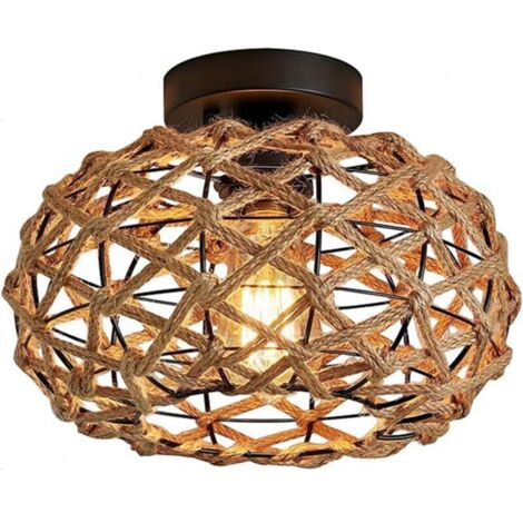 Plafonnier industriel vintage E27, lampe rétro de 25 cm de diamètre, abat-jour cage en métal et corde en chanvre, luminaire idéal pour salon, chambre, cuisine ou loft [Classe énergétique A+]
