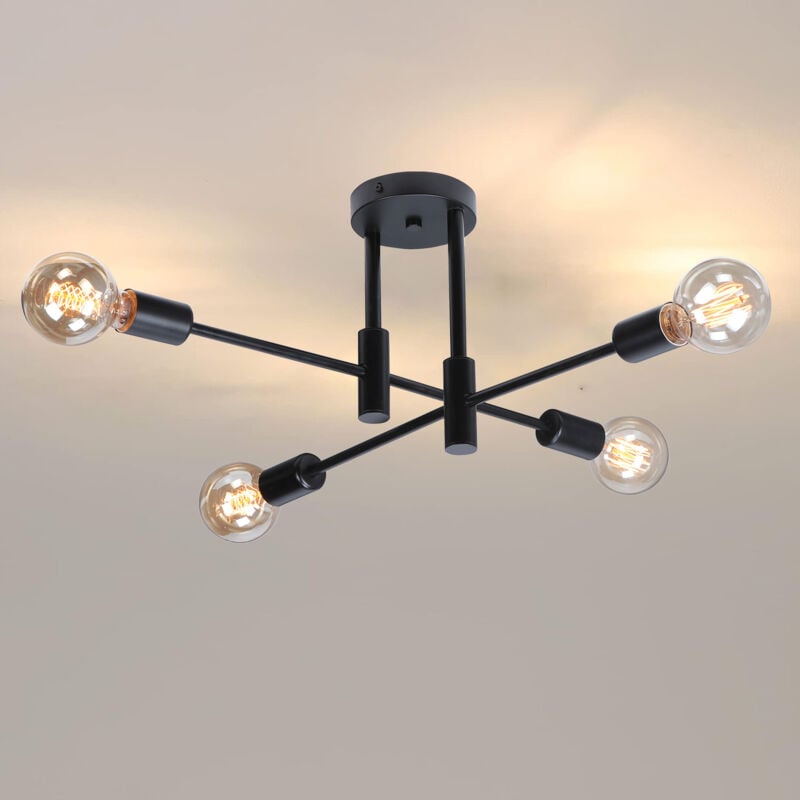 Plafonnier Industriel Vintage Luminaire de Plafond Lustre Sputnik Lampe de Plafond Intérieur E27 Noir - 4 Douilles