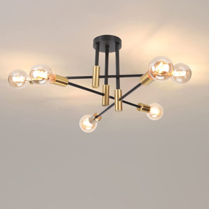 Plafonnier Industriel Vintage Luminaire de Plafond Lustre Sputnik Lampe de Plafond Intérieur E27 Noir Doré - 6 Douilles
