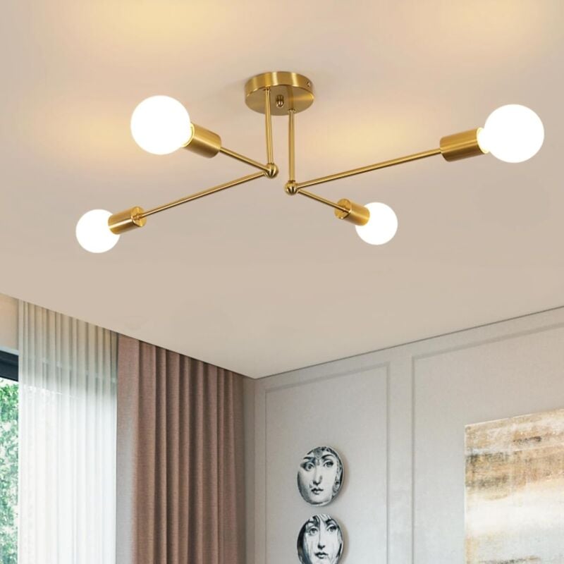 Plafonnier Industriel Vintage Lustre Sputnik Moderne, 4 Lumières E27 Doré Plafonnier en Fer, Lampe de Plafond pour Salon, Chambre, Salle à manger,